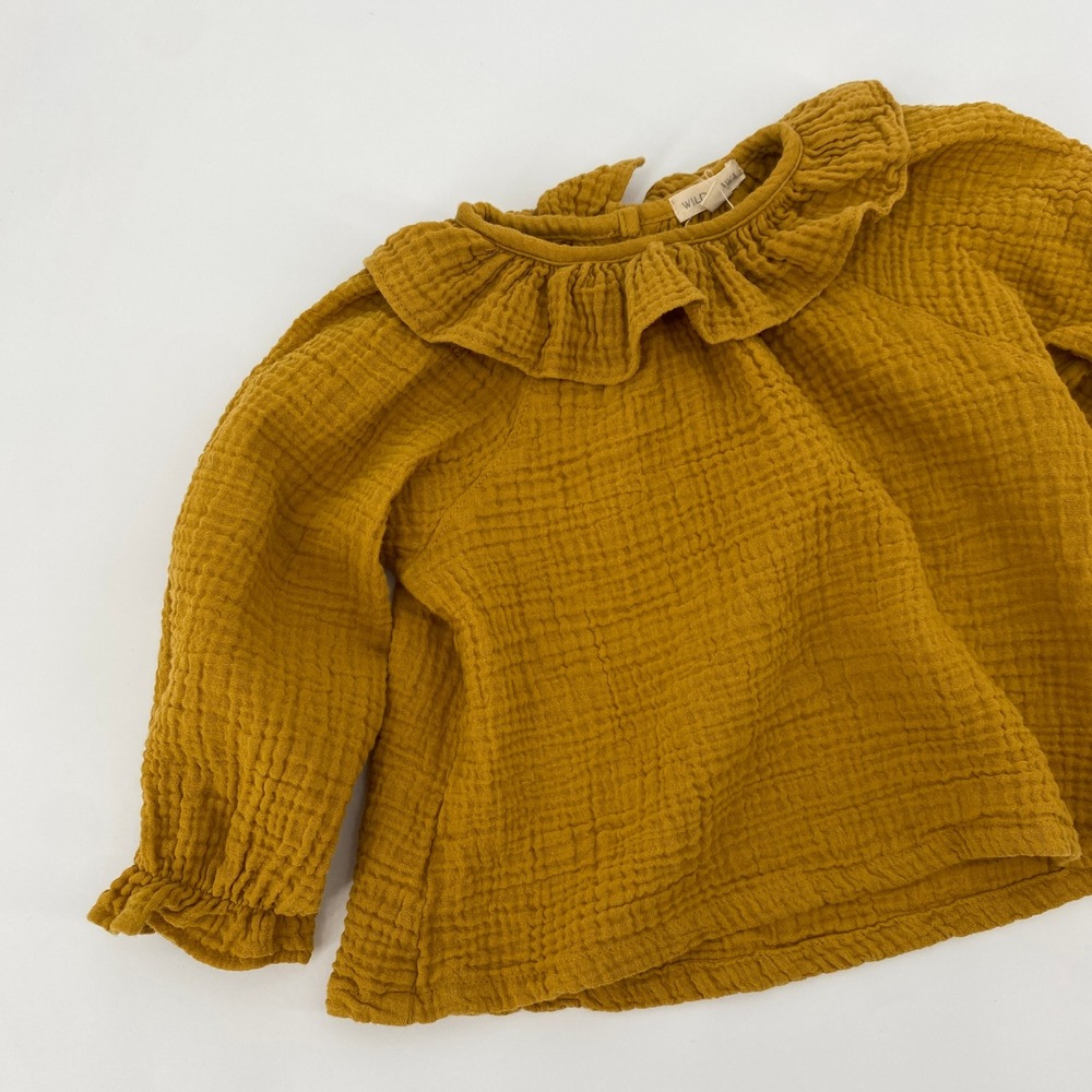 Wild Wawa Muslin Blouse Toddler 18-24M Mustard Yellow Ruffle Collar Long Sleeve